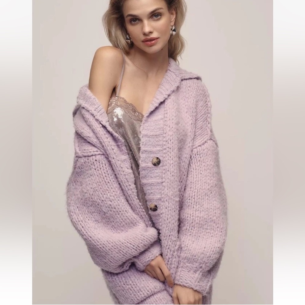 Anthropologie Slouchy Cosy Cardigan Cable Knit Ribbing Button Front Lavender - Picture 1 of 6